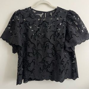 Express Embroidered Crochet Puff Sleeve Top